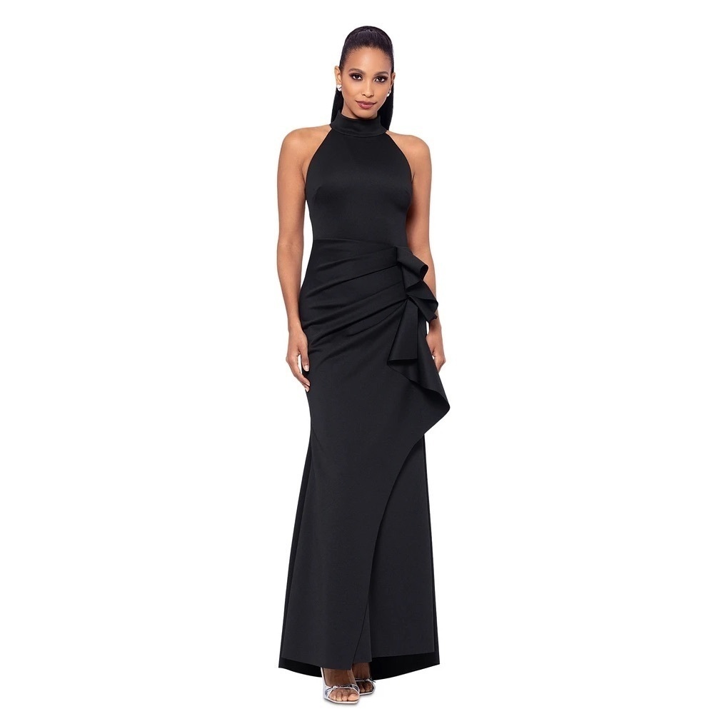 XSCAPE
Petite Sleeveless High-Neck Scuba Draped Gown